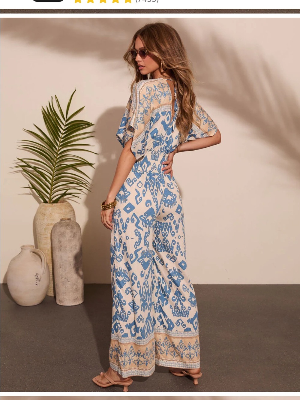 Aakaa Beige and Blue Printed Wide-Leg Jumpsuit